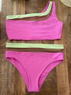 Pink/Mesh One-Shoulder Bikini Set